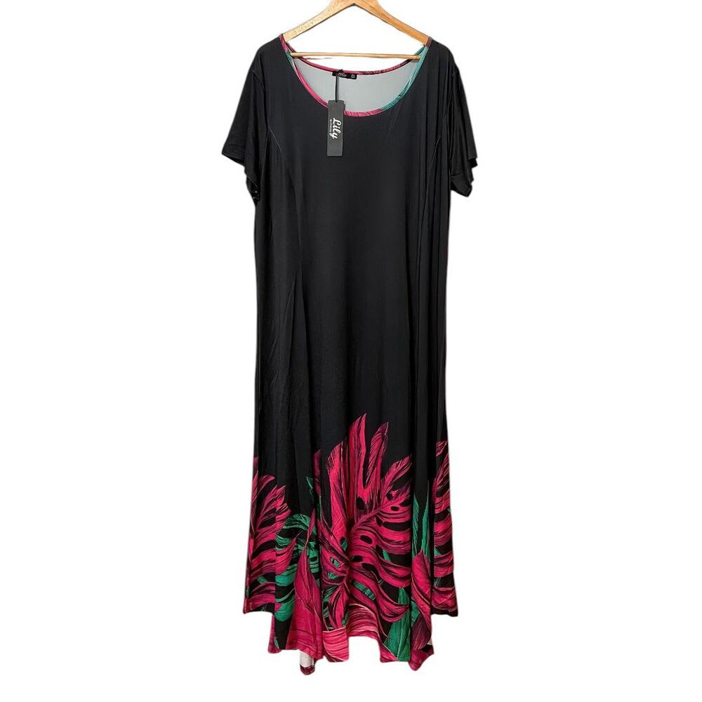 NWT Lily by Firmiana Black Pink Green Leaf Scoop Neck Handkerchief Dress Size 3X